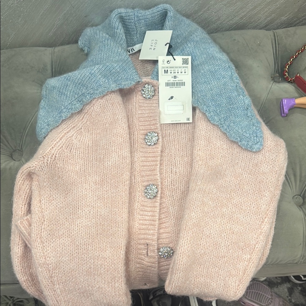 Zara Soft Pink and Light Blue Knit Cardigan